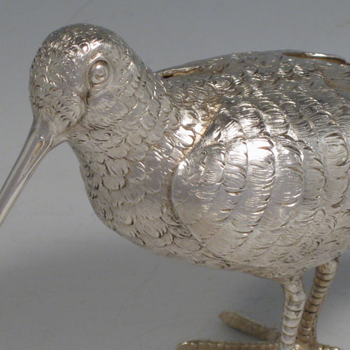 Sterling silver snipe. A solid cast model of a Snipe made in London in 2007. The dimensions of this sterling silver snipe are length 15 cms (6 inches), height 11 cms (4.25 inches). Weight approx. 331g (10.7 troy ounces).