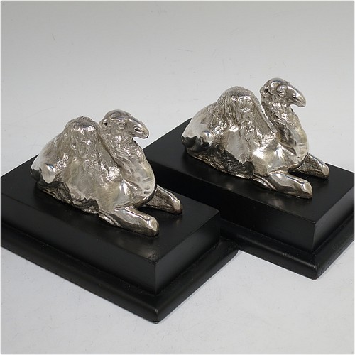 A very unusual and handsome Antique Victorian Sterling Silver pair of cast camels, attached to rectangular stepped plinths with silver inscription panels, and with finely detailed hand-chased bodies in sitting position. Made for the Grocers Guild by Alexander MacRae of London in ca. 1880. The dimensions of these fine hand-made sterling silver camels on plinths are length 13.5 cms (5.3 inches), width 7.5 cms (3 inches), and height 9 cms (3.5 inches).