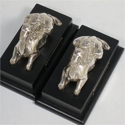 A very unusual and handsome Antique Victorian Sterling Silver pair of cast camels, attached to rectangular stepped plinths with silver inscription panels, and with finely detailed hand-chased bodies in sitting position. Made for the Grocers Guild by Alexander MacRae of London in ca. 1880. The dimensions of these fine hand-made sterling silver camels on plinths are length 13.5 cms (5.3 inches), width 7.5 cms (3 inches), and height 9 cms (3.5 inches).