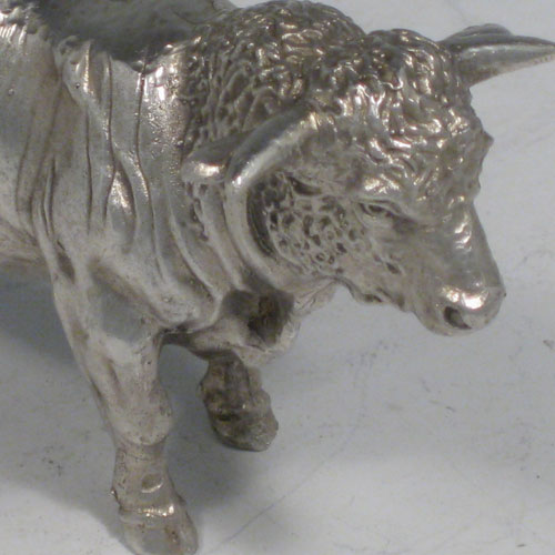 Sterling silver fine cast model of a Herefordshire bull, made in London in 2002. Length 9 cms (3.5 inches), height 5 cms (2 inches). Weight approx. 337g (10.9 troy ounces)
