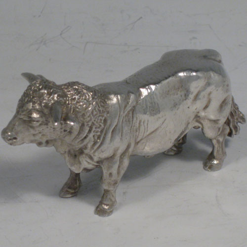 Sterling silver fine cast model of a Herefordshire bull, made in London in 2002. Length 9 cms (3.5 inches), height 5 cms (2 inches). Weight approx. 337g (10.9 troy ounces)