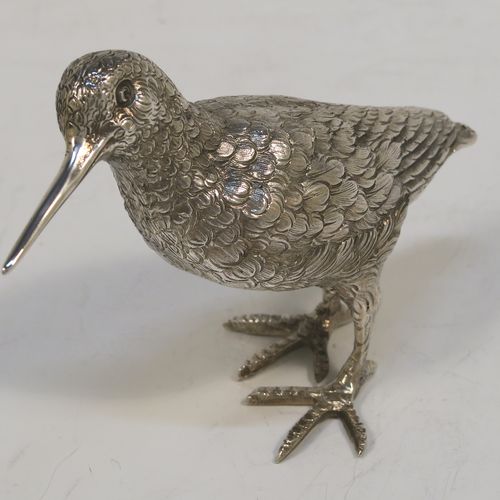 A handsome Sterling Silver snipe. This beautiful solid cast silver model of a Snipe was imported into London in 1965. The dimensions of this fine hand-made sterling silver snipe are length 10 cms (4 inches), height 7 cms (2.5 inches), and it weighs approx. 105g (3.4 troy ounces).