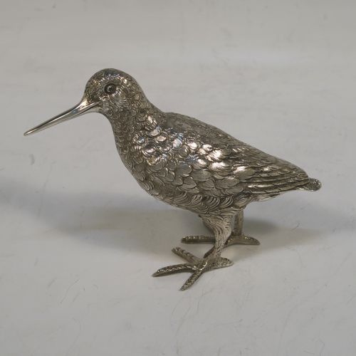 A handsome Sterling Silver snipe. This beautiful solid cast silver model of a Snipe was imported into London in 1965. The dimensions of this fine hand-made sterling silver snipe are length 10 cms (4 inches), height 7 cms (2.5 inches), and it weighs approx. 105g (3.4 troy ounces).