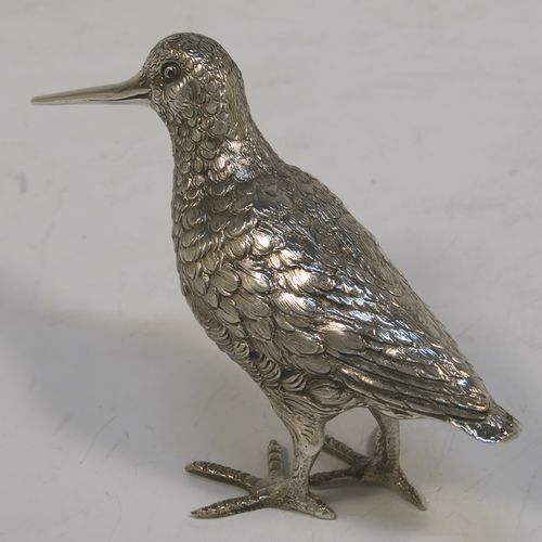 A handsome Sterling Silver snipe. This beautiful solid cast silver model of a Snipe was imported into London in 1965. The dimensions of this fine hand-made sterling silver snipe are length 10 cms (4 inches), height 7 cms (2.5 inches), and it weighs approx. 105g (3.4 troy ounces).
