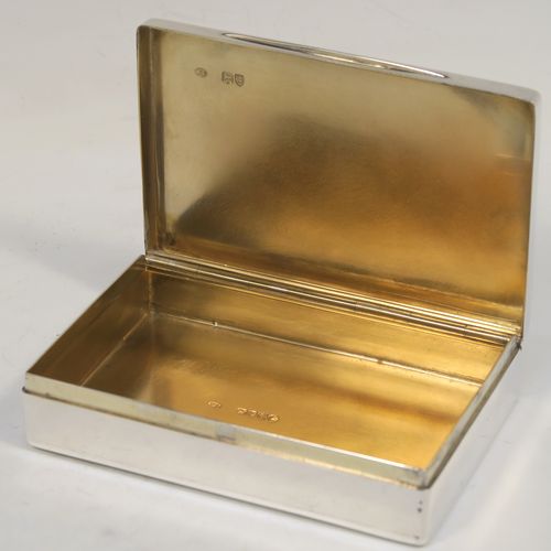 A very elegant Antique Victorian Sterling Silver table box, having a very plain rectangular body, with a hinged lid, a gold-gilt interior, and sitting on a flat base. This handsome silver box was made by William Summers of London in 1882. The dimensions of this fine hand-made antique silver box are length 11 cms (4.3 inches), width 7 cms (2.75 inches), height 2.5 cms (1 inch), and it weighs approx. 197g (6.4 troy ounces).   
