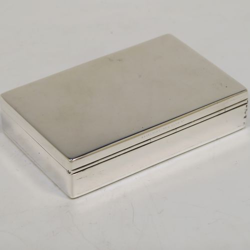 A very elegant Antique Victorian Sterling Silver table box, having a very plain rectangular body, with a hinged lid, a gold-gilt interior, and sitting on a flat base. This handsome silver box was made by William Summers of London in 1882. The dimensions of this fine hand-made antique silver box are length 11 cms (4.3 inches), width 7 cms (2.75 inches), height 2.5 cms (1 inch), and it weighs approx. 197g (6.4 troy ounces).   