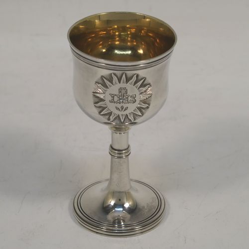 A handsome Antique Victorian Sterling Silver two-piece travelling communion set consisting of a chalice with gold-gilt interior, and a paten, both with plain round bodies and having applied reeded borders. This beautiful travelling communion set was made by William Summers of London in 1868. The dimensions of this fine antique silver travelling communion set are height of chalice 8 cms (3 inches), diameter of paten 6.5 cms (2.5 inches), and with a total weight of approx. 73g (2.3 troy ounces). Please note that both these items have hand engraved christograms.