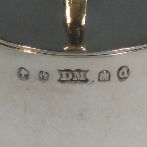 Antique Victorian Scottish sterling silver three-piece travelling communion set consisting of a covered chalice, an annointing spoon, and a ciborium, in original velvet and satin-lined presentation box. Both the chalice and ciborium have sealed lids with cast gold-gilt cruciform handles. The chalice is engraved with Sanguis Christi (blood of Christ), and the ciborium with Corpus Christi (body of Christ). The spoon has a gold-gilt bowl, twisted stem, and a cast figure of Christ. The chalice was made in Edinburgh in 1872, whereas the Ciborium and spoon were made in Glasgow in 1867. Height of chalice 13 cms (5 inches), length of spoon 12 cms (4.75 inches). Total weight approz. 183g (5.9 troy ounces).
