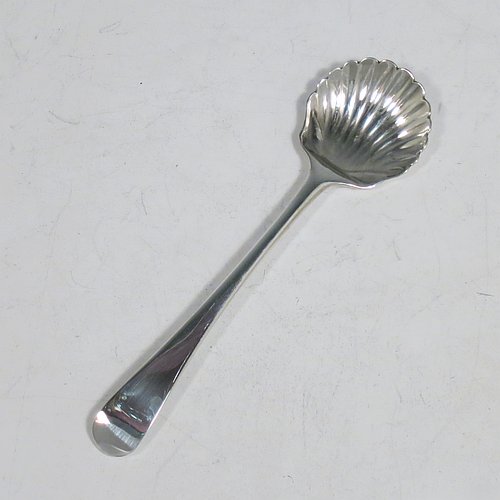 A rare Antique 18th Century Georgian Sterling Silver pair of salt spoons, in the Old English pattern, having hand-chased shell bowls. All made by Richard Crossley of London in 1788. The dimensions of these fine hand-made antique silver salt spoons are length 10 cms (4 inches), and they weigh a total of approx. 38g (1.5 troy ounces).