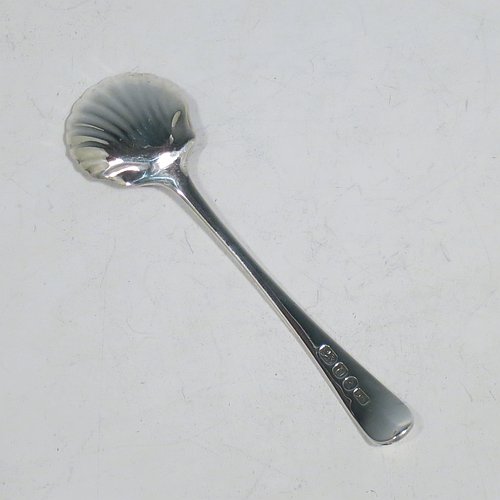 A rare Antique 18th Century Georgian Sterling Silver pair of salt spoons, in the Old English pattern, having hand-chased shell bowls. All made by Richard Crossley of London in 1788. The dimensions of these fine hand-made antique silver salt spoons are length 10 cms (4 inches), and they weigh a total of approx. 38g (1.5 troy ounces).