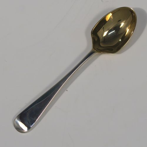 A rare Antique Victorian Sterling Silver set of six egg condiment spoons, in the Old English pattern, having plain handles with a pip on the reverse, and with gold-gilt bowls, all in their original dark green velvet-lined presentation box. These beautiful silver condiment egg spoons were made by Jackson and Fullerton of London in 1901. The dimensions of these fine hand-made antique silver egg spoons are length 12 cms (4.75 inches), and they weigh a total of approx. 100g (3.2 troy ounces). Please note that these are original egg spoons, not altered teaspoons. Also please note that they are all crested.
