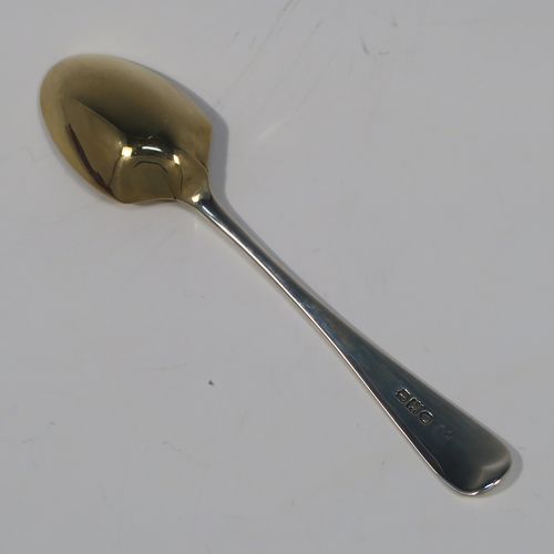 A rare Antique Victorian Sterling Silver set of six egg condiment spoons, in the Old English pattern, having plain handles with a pip on the reverse, and with gold-gilt bowls, all in their original dark green velvet-lined presentation box. These beautiful silver condiment egg spoons were made by Jackson and Fullerton of London in 1901. The dimensions of these fine hand-made antique silver egg spoons are length 12 cms (4.75 inches), and they weigh a total of approx. 100g (3.2 troy ounces). Please note that these are original egg spoons, not altered teaspoons. Also please note that they are all crested.