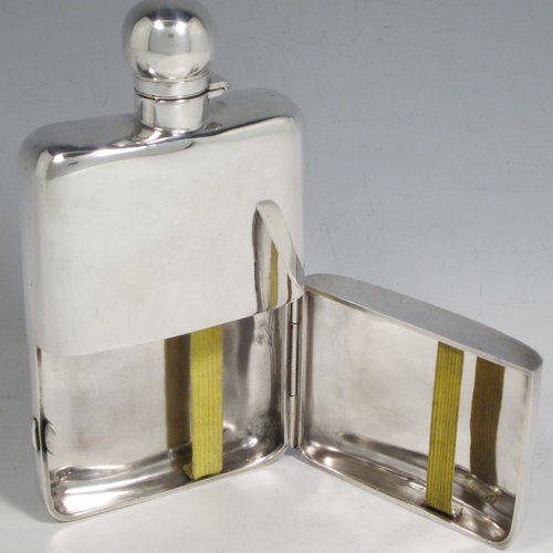 Antique Victorian sterling silver combination whisky hip flask with cigarette case, having a plain shaped rectangular body with rounded shoulders, a bayonet-fit lid, and a hinged side cover with clasp. Made by John Newton Mappin of London in 1893. The dimensions of this fine hand-made silver whisky flask are length 16.5 cms (6.5 inches), width 9 cms (3.5 inches), depth 2.5 cms (1 inch), and it weighs approx. 265g (8.5 troy ounces).