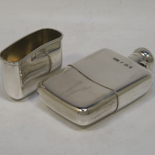 A very handsome Antique Edwardian Sterling Silver whisky hip flask, having a plain shaped rectangular body with rounded shoulders, a bayonet-fit lid, and a pull-off cup. Made by Marks and Cohen of Birmingham in 1905. The dimensions of this fine hand-made antique silver whisky flask are length 11.5 cms (4.5 inches), width 6 cms (2.3 inches), depth 2 cms (0.75 inch), and it weighs approx. 135g (4.4 troy ounces).