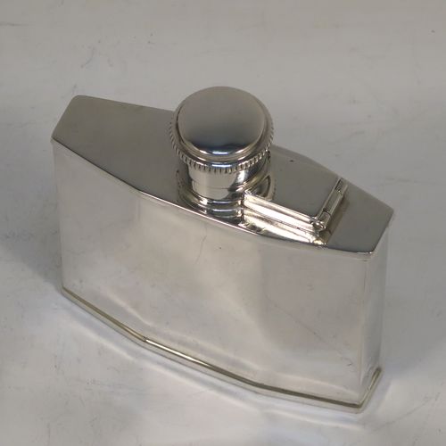 A very elegant Sterling Silver Art Deco style whisky flask, having a plain square panelled body, plain flat shoulders and sides, and a hinged and bayonet-fit lid with knurled top. This handsome silver flask was made by William Base and Sons of Birmingham in 1928. The dimensions of this fine hand-made silver whisky hip flask are height 7.5 cms (3 inches), width 7 cms (2.75 inches), depth 2 cms (0.75 inch), and it weighs approx. 70g (2.3 troy ounces).