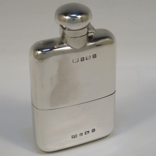 A very handsome Antique Sterling Silver whisky hip flask, having a plain shaped rectangular body with rounded shoulders, a bayonet-fit lid, and a pull-off cup with a gold-gilt interior. This elegant antique silver hip flask was made by Mappin and Webb of Birmingham in 1911. The dimensions of this fine hand-made antique silver whisky flask are length 12.5 cms (5 inches), width 7 cms (2.75 inches), depth 2.5 cms (1 inch), and it weighs approx. 174g (5.6 troy ounces).