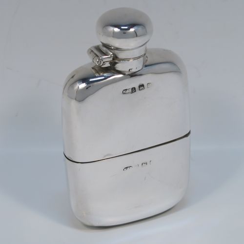 A small but very elegant Antique Sterling Silver whisky hip flask, having a plain shaped rectangular body with rounded shoulders, a bayonet-fit lid, and a pull-off cup. This handsome silver whisky flask was made by Marples and Beasley of Birmingham in 1916. The dimensions of this fine hand-made antique silver whisky hip-flask are length 10 cms (4 inches), width 6 cms (2.3 inches), depth 2 cms (0.75 inch), and it weighs approx. 114g (3.7 troy ounces).   