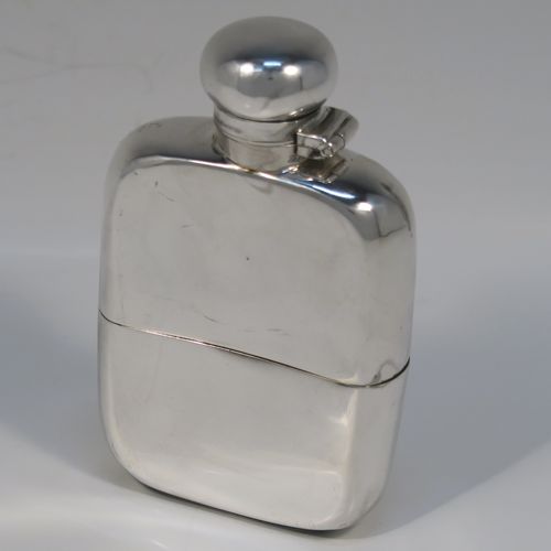 A small but very elegant Antique Sterling Silver whisky hip flask, having a plain shaped rectangular body with rounded shoulders, a bayonet-fit lid, and a pull-off cup. This handsome silver whisky flask was made by Marples and Beasley of Birmingham in 1916. The dimensions of this fine hand-made antique silver whisky hip-flask are length 10 cms (4 inches), width 6 cms (2.3 inches), depth 2 cms (0.75 inch), and it weighs approx. 114g (3.7 troy ounces).