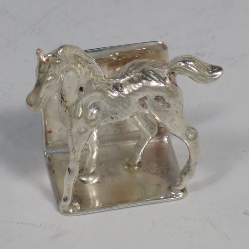 A very handsome Sterling Silver set of six place card holders, each one with a cast model of a horse foal, and all in their original white satin and dark-blue velvet-lined presentation box. Made by J. B. Chatterley and Sons Ltd., of Birmingham in 1994. The dimensions of this fine hand-made set of silver place card holders are length 3 cms (1.25 inches), height 3 cms (1.25 inches), and they weigh a total of approx. 106g (3.4 troy ounces).