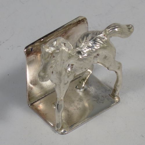 A very handsome Sterling Silver set of six place card holders, each one with a cast model of a horse foal, and all in their original white satin and dark-blue velvet-lined presentation box. Made by J. B. Chatterley and Sons Ltd., of Birmingham in 1994. The dimensions of this fine hand-made set of silver place card holders are length 3 cms (1.25 inches), height 3 cms (1.25 inches), and they weigh a total of approx. 106g (3.4 troy ounces).