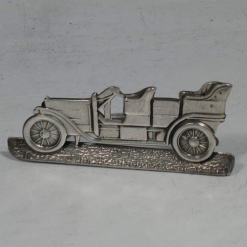 A very rare Antique Edwardian Sterling Silver set of twelve place card or menu card holders, having bodies in the shape of vintage motor cars, each mounted on a base with a semi-circular wire foot and slots for menus or place-cards. Made in Birmingham in 1907. The dimensions of this fine set of antique silver menu or place card holders are length 6.5 cms (2.5 inches), height 3 cms (1.2 inches), depth 3cms (1.2 inches), and they weigh a total of approx. 221g (7 troy ounces).