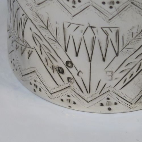 A very pretty pair of Aesthetic style Antique Victorian Sterling Silver napkin rings, having round straight-sided bodies with hand-engraved fern-work decoration and flying crane birds, and all in their original cream satin and black velvet-lined presentation box. These beautiful antique silver Aesthetic style napkin rings were made in London in 1876 and 1877. The dimensions of these fine hand-made antique silver napkin rings are diameter 4 cms (1.5 inches), height 3 cms (1 inch), and they weigh a total of approx. 51g (1.6 troy ounce).   