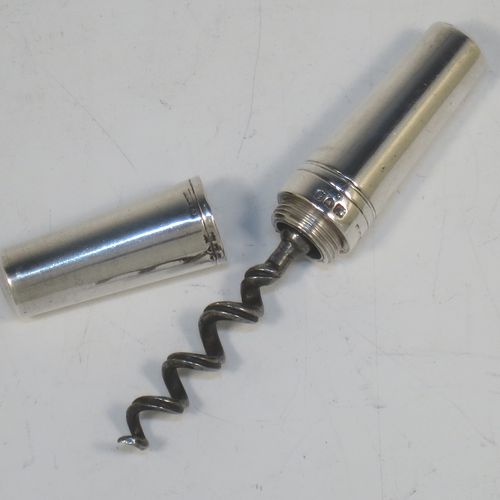 A rare Antique Victorian Sterling Silver travelling pocket or picnic collapsible corkscrew, having a very plain tapering cylindrical body and a mild steel cork-screw. Made by Saunders and Shepherd of London in 1896. The dimensions of this fine hand-made antique silver collapsible travelling picnic corkscrew are length 7.5 cms (3 inches), width 2 cms (0.5 inches), and it weighs approx. 40g (1.3 troy ounces).