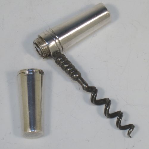 A rare Antique Victorian Sterling Silver travelling pocket or picnic collapsible corkscrew, having a very plain tapering cylindrical body and a mild steel cork-screw. Made by Saunders and Shepherd of London in 1896. The dimensions of this fine hand-made antique silver collapsible travelling picnic corkscrew are length 7.5 cms (3 inches), width 2 cms (0.5 inches), and it weighs approx. 40g (1.3 troy ounces).