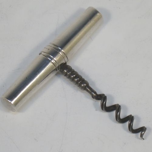 A rare Antique Victorian Sterling Silver travelling pocket or picnic collapsible corkscrew, having a very plain tapering cylindrical body and a mild steel cork-screw. Made by Saunders and Shepherd of London in 1896. The dimensions of this fine hand-made antique silver collapsible travelling picnic corkscrew are length 7.5 cms (3 inches), width 2 cms (0.5 inches), and it weighs approx. 40g (1.3 troy ounces).