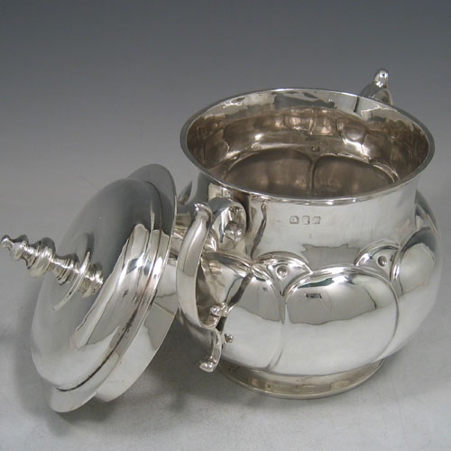 Britannia standard silver large poringer with lid, made by R.F. Fox of London in 1912. Height 19 cms, width 21 cms. Weight approx. 27 troy ounces.