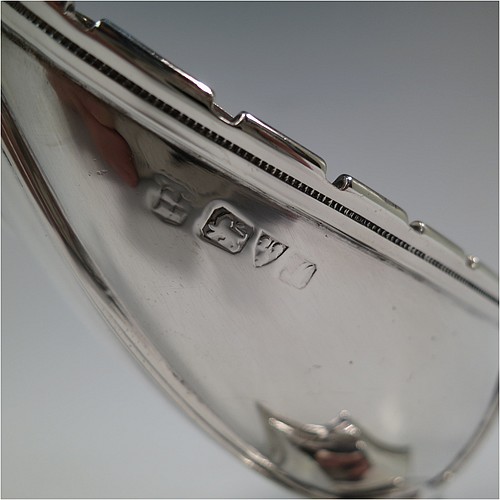 A very pretty Antique Sterling Silver pot pourri holder, or ecclesiastical Thurible incense burner, having an unusual boat-shaped body with a hand-pierced floral style cover, with one side hinged with a cast octagonal ball finial, two cast lambs-head side-handles, and all sitting on a spreading hexafoil pedestal foot. Made by Nathan and Hayes of Chester in 1912. The dimensions of this fine hand-made antique silver pot-pourri holder, or ecclesiastical Thurible incense burner, are length 19 cms (7.5 inches), width 6.5 cms (2.5 inches), height 8 cms (3 inches), and it weighs approx. 195g (6.3 troy ounces)