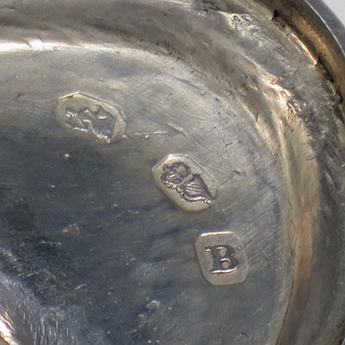 A rare and very handsome Antique Georgian Sterling Silver pair of Irish salt cellars, in a boat-shaped neoclassical style, having plain oval bodies, with gold-gilt interiors and blue-glass liners, with applied reeded borders, all sitting on pedestal feet. Made by John Stoyte of Dublin in 1798. The dimensions of these fine hand-made antique silver Irish salt cellars are length 10 cms (4 inches), width 5.5 cms (2.25 inches), height 6.5 cms (2.5 inches), and they weigh a total of approx. 142g (4.6 troy ounces).