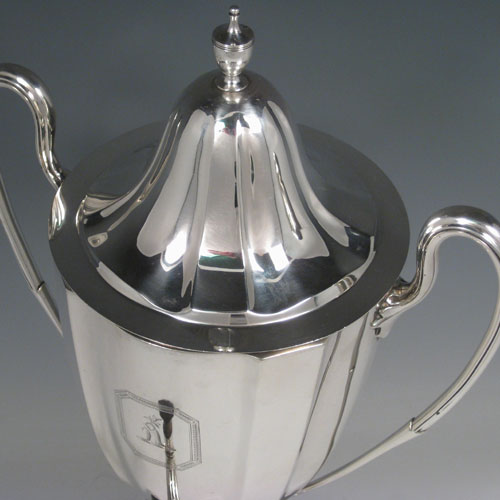 Antique Georgian sterling silver urn-style samovar with lift-off lid and spigot. Made by Charles Adams of London in 1790. Please note that there is no mechanism for heating, and the body is crested above the spigot. The dimensions of this sterling silver samovar are height 40 cms (15.75 inches), width 24 cms (9.5 inches). Weight approx. 48 troy ounces.