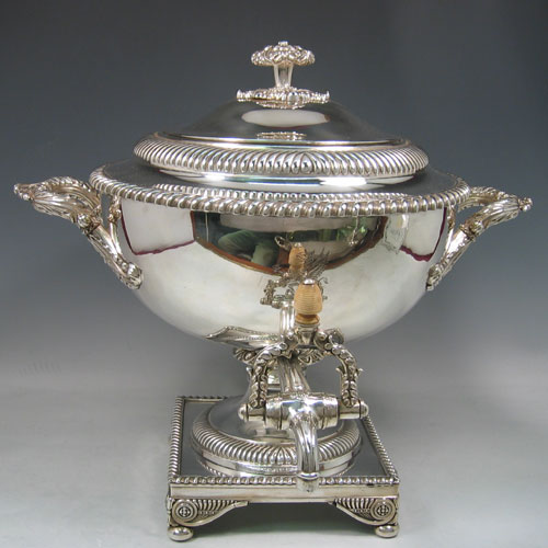 Antique Georgian Old Sheffield plated samovar made in ca. 1815. (n.b. internal heater holder missing). Height 37 cms.