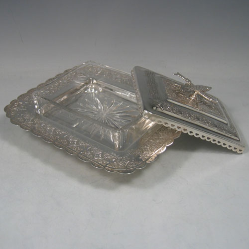 Antique Victorian silver-plated and glass sardine dish, made by James Dixon and Sons circa 1870. Length 13 cms, width 17 cms. (glass liner).