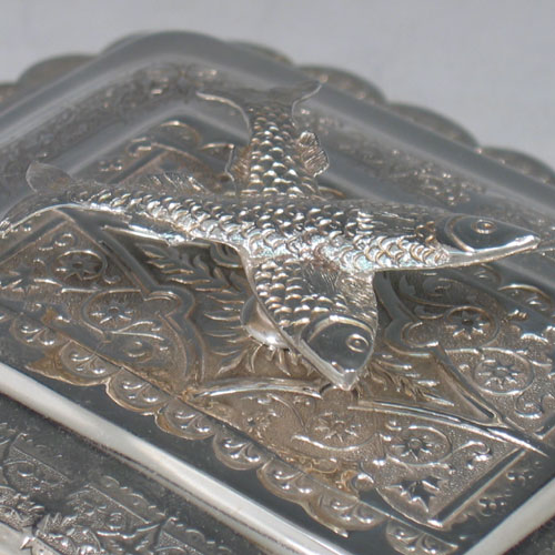 Antique Victorian silver-plated and glass sardine dish, made by James Dixon and Sons circa 1870. Length 13 cms, width 17 cms. (glass liner).