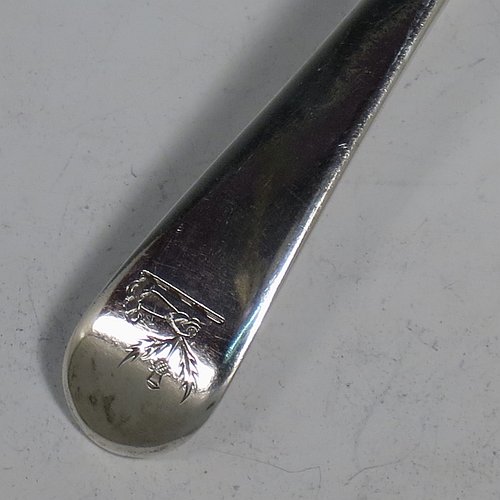 An Antique Georgian Sterling Silver pair of Sauce Ladles in the Old English pattern. Made by George Smith & William Fearn of London in 1790. The dimensions of this fine pair of hand-made antique silver sauce ladles are length 18 cms (7 inches), and they weigh a total of approx. 104g (3.4 troy ounces). Please note that these items are crested.