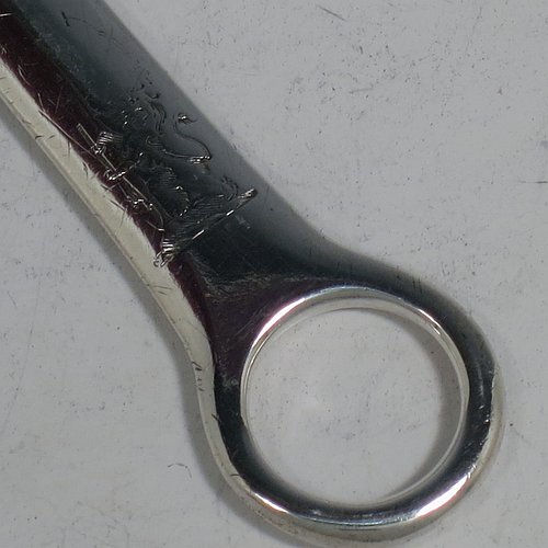 An Antique Georgian Sterling Silver meat or game bird skewer, having a very plain tapering body with ring handle. Made by Richard Crossley of London in 1794. The dimensions of this fine hand-made antique silver game bird or meat skewer are length 29 cms (11.5 inches), and it weighs approx. 98g (3 troy ounces). Please note that this item is in original condition with a crest and it still has the old scratch marks from using a carving knife.