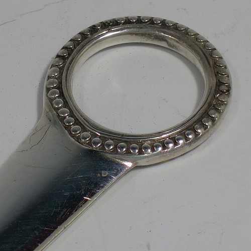 A very handsome Antique Georgian Sterling Silver meat or game bird skewer, having a very plain tapering body with a bead border ring handle. Made by Thomas Chawner of London in 1776. The dimensions of this fine hand-made antique silver game bird or meat skewer are length 27.5 cms (10.75 inches), and it weighs approx. 56g (1.8 troy ounces).