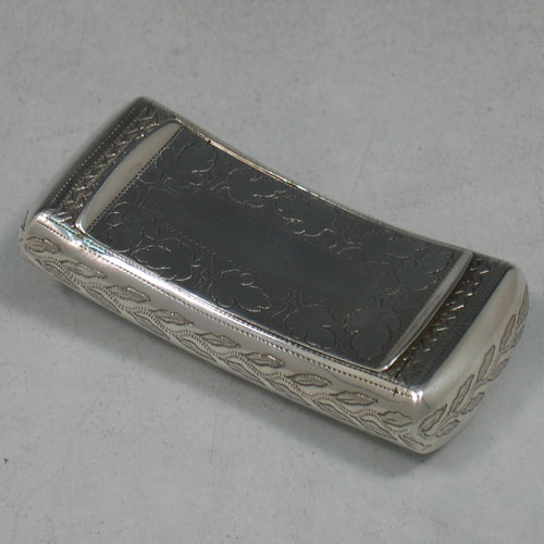 Antique Georgian sterling silver very unusual 'double-action' snuff box made by Samuel Pemberton of Birmingham in 1781. Engraved 'Gage d'Amour'. Length 7 cms, width 3 cms.