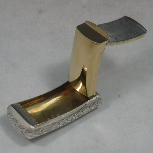 Antique Georgian sterling silver very unusual 'double-action' snuff box made by Samuel Pemberton of Birmingham in 1781. Engraved 'Gage d'Amour'. Length 7 cms, width 3 cms.