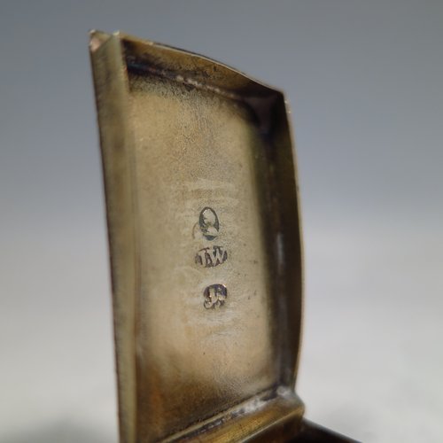 An Antique Georgian Sterling silver snuff box, having a rectangular body, with a slightly curved profile, with hand-engraved geometrical & floral decoration, a flat invisibly hinged lid with thumb-piece, and a gold-gilt interior. Made by Joseph Willmore of Birmingham in 1811. The dimensions of this fine hand-made antique silver snuff box are length 4.5 cms (1.75 inches), width 2.3 cms (0.8 inches), and it weighs approx. 17g (0.5 troy ounces).