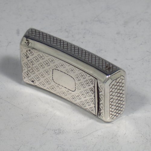 An Antique Georgian Sterling silver snuff box, having a rectangular body, with a slightly curved profile, with hand-engraved geometrical & floral decoration, a flat invisibly hinged lid with thumb-piece, and a gold-gilt interior. Made by Joseph Willmore of Birmingham in 1811. The dimensions of this fine hand-made antique silver snuff box are length 4.5 cms (1.75 inches), width 2.3 cms (0.8 inches), and it weighs approx. 17g (0.5 troy ounces).