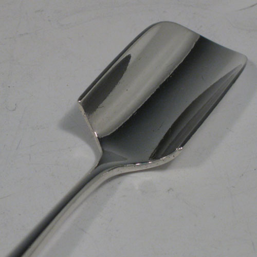 Antique Victorian sterling silver stilton cheese scoop, having a very plain body with hand-cut ivory handle, plain round ferrule, and plain shank with scoop. Made by Angel and Savoury of London in 1881. The dimensions of this fine hand-made silver stilton cheese scoop are length 23 cms (9 inches).