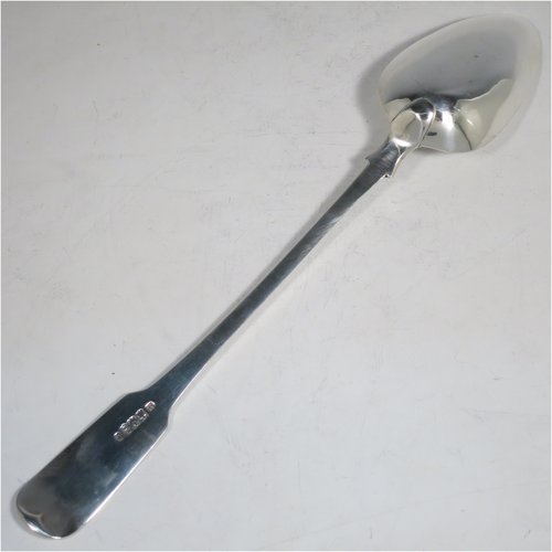 An Antique Georgian sterling silver Scottish Fiddle pattern stuffing spoon, having a very plain handle with pip on reverse, and a plain oval bowl. Made in Edinburgh in 1812. The dimensions of this fine hand-made antique silver stuffing spoon are length 31 cms (12.25 inches), and it weighs approx. 122g (4 troy ounces). Please note that this item is crested with Touch Not the Cat but a Glove for either the Mackpherson or Mackintosh clan.