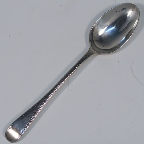 A very pretty Antique Georgian Sterling Silver set of six tea or coffee spoons, in the Old English Zig-Zag pattern, and having plain oval bowls, all in a cream satin and maroon velvet-lined presentation box. These beautiful antique silver spoons were made by William Eley and William Fearn of London in 1805. The dimensions of this fine hand-made set of silver teaspoons or coffee spoons are length of each spoon 13 cms (5.25 inches), and the total weight is approx. 99g (3.2 troy ounces).