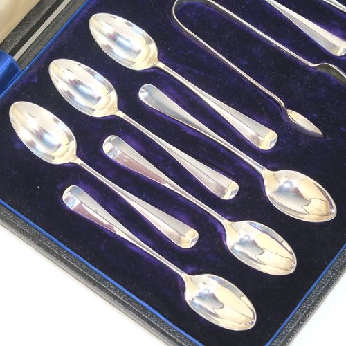A beautiful Antique Edwardian Sterling Silver set of twelve teaspoons or coffee spoons and sugar nips in the Rattail Hanoverian pattern, all in their original cream satin and blue velvet-lined presentation box. This elegant set of antique silver spoons and sugar nips were made by Marin and Hall of Sheffield in 1905. The dimensions of this fine hand-made set of Rattail coffee spoons or teaspoons are length of each spoon 11 cms (4.3 inches), and the total weight is approx. 142g (4.6 troy ounce).