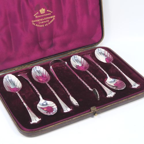A very pretty Antique Victorian Sterling Silver set of six tea or coffee spoons and sugar nips, in the Onslow pattern, with twisted stems, and fluted oval bowls, all in their original dark maroon satin and velvet-lined presentation box. These beautiful antique silver spoons and sugar nips were made by George Maudsley Jackson of London 1886. The dimensions of this fine hand-made set of silver teaspoons or coffee spoons and sugar nips are length of each spoon 12 cms (4.75 inches), and the total weight is approx. 102g (3.3 troy ounces).   
