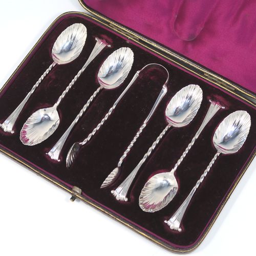 A very pretty Antique Victorian Sterling Silver set of six tea or coffee spoons and sugar nips, in the Onslow pattern, with twisted stems, and fluted oval bowls, all in their original dark maroon satin and velvet-lined presentation box. These beautiful antique silver spoons and sugar nips were made by George Maudsley Jackson of London 1886. The dimensions of this fine hand-made set of silver teaspoons or coffee spoons and sugar nips are length of each spoon 12 cms (4.75 inches), and the total weight is approx. 102g (3.3 troy ounces).