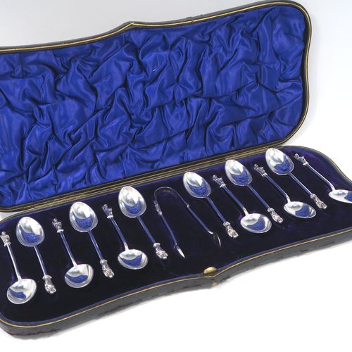 A handsome Antique Victorian Sterling Silver set of twelve Apostle end teaspoons or coffee spoons and sugar nips, all in their original dark blue satin and velvet-lined presentation box. This elegant set of antique silver Apostle spoons and sugar nips were made by William Hutton and Sons of London in 1898. The dimensions of this fine hand-made set of Apostle end coffee spoons or teaspoons are length of each spoon 10 cms (4 inches), and the total weight is approx. 185g (6 troy ounce).   